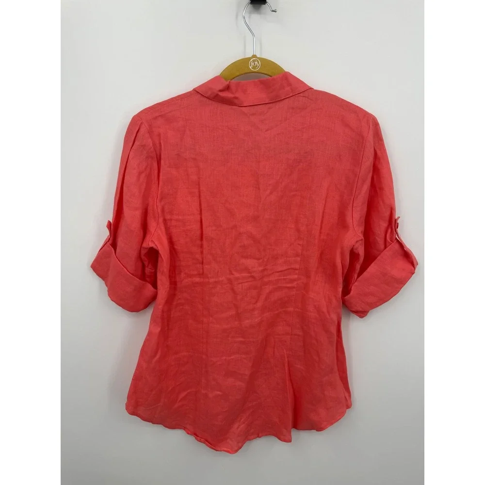 Harve‎ Benard Smocked Waist Linen Blouse Womens Size Medium Coral Pink Roll Tab